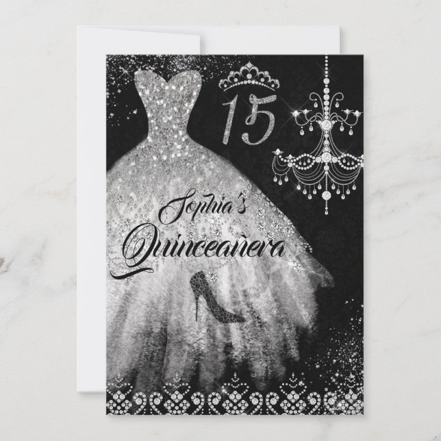 Invitación Sparkke Diamond Vestido Plata Negro Quinceanera (Anverso)