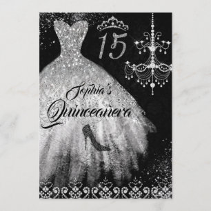 Invitación Sparkke Diamond Vestido Plata Negro Quinceanera