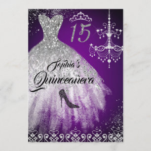 Invitación Sparkke Diamond Vestido Plata Púrpura Quinceanera