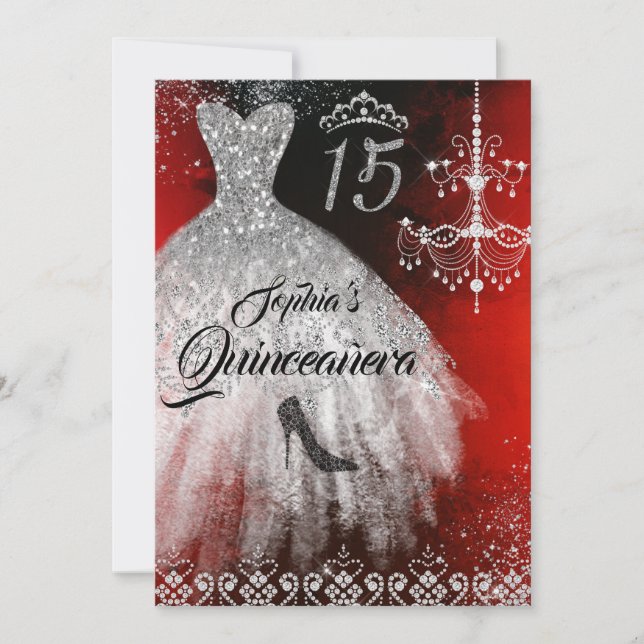 Invitación Sparkke Diamond Vestido Rojo Plata Negro Quinceane (Anverso)