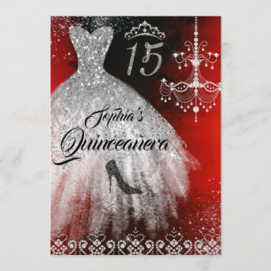 Invitación Sparkke Diamond Vestido Rojo Plata Negro Quinceane