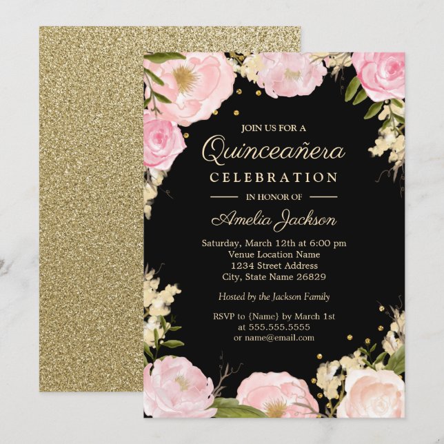 Invitación Sparkke Floral Gold Pink Black Quinceanera (Anverso / Reverso)