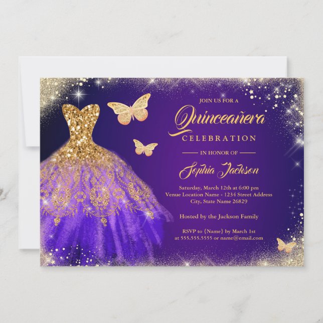 Invitación Sparkke Purple Gold Vestido Mariposa Quinceanera (Anverso)
