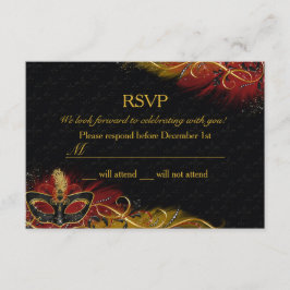 Invitación Sparkke Red & Gold Feather Mask Masquerade RSVP
