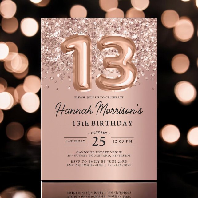 Invitación Sparkle 13.º Rosa de cumpleaños Fiesta de globos d (Subido por el creador)