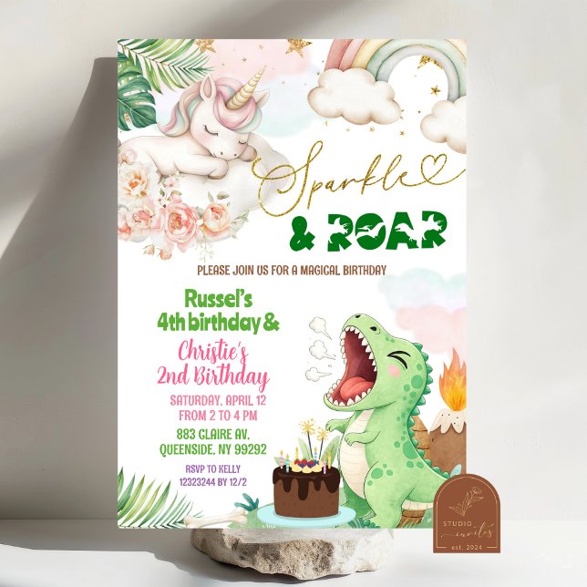 Invitación Sparkle And Roar Unicorn Dinosaur Joint Birthday (Subido por el creador)