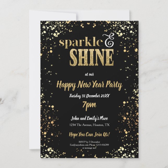 Invitación Sparkle And Shine Gold Fiesta De Año Nuevo Negro (Anverso)