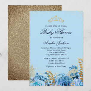 Invitación Sparkle Azul Dorado Brillo Floral Baby Shower