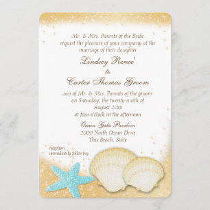 Invitación Sparkle Beach Shell Aqua y Boda de oro