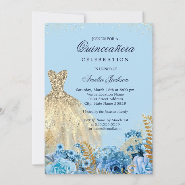 Invitación Sparkle Blue Gold Purpurina Vestido dulce dieciséi (Anverso)