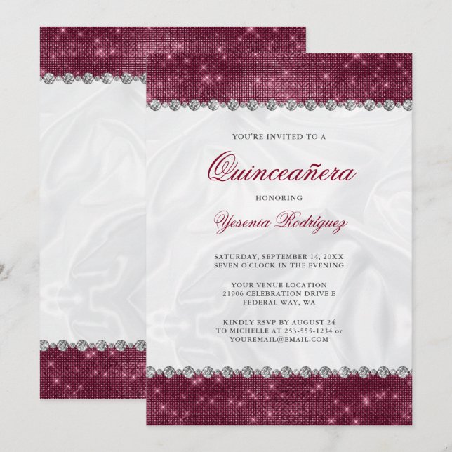 Invitación Sparkle Burgundy Purpurina Glam Diamond Quinceañer (Anverso / Reverso)