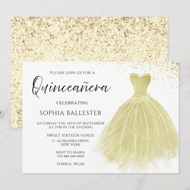 Invitación Sparkle Champagne Gown Quinceanera Fiesta (Anverso / Reverso)