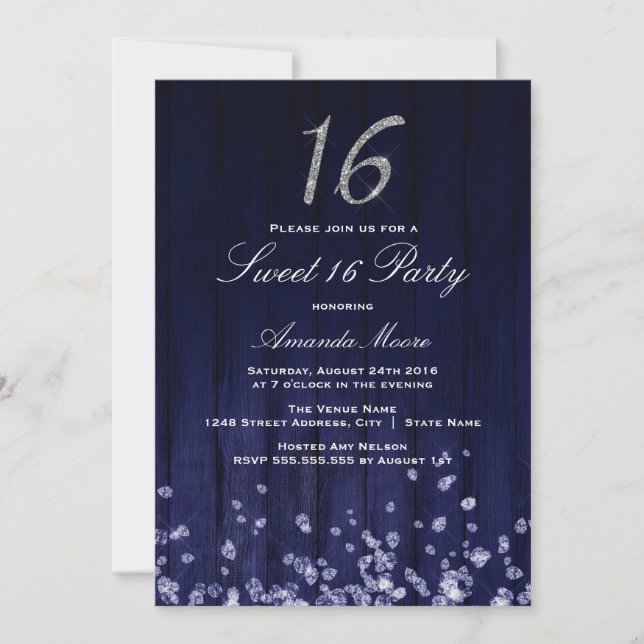 Invitación Sparkle Diamond Blue Silver Sweet 16 Invite (Anverso)