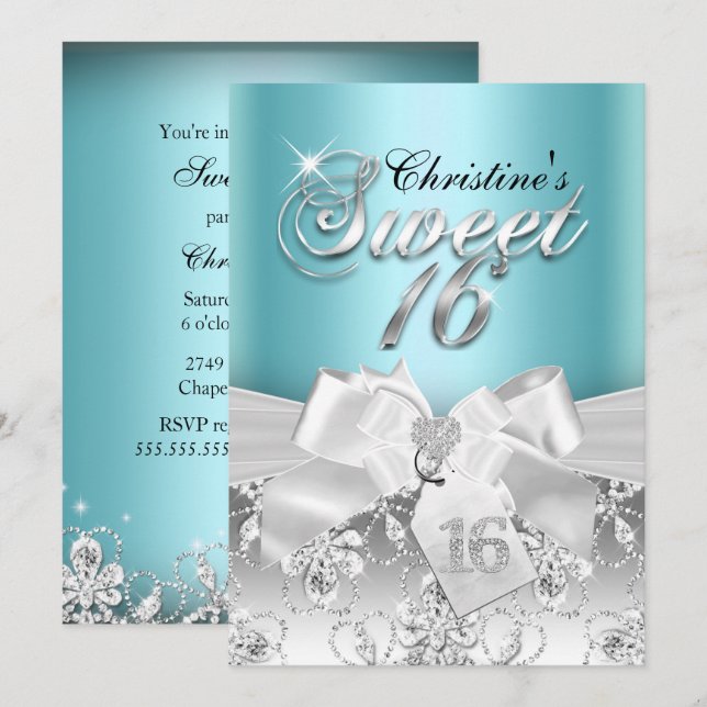 Invitación Sparkle Diamond Bow Blue Sweet 16 (Anverso / Reverso)
