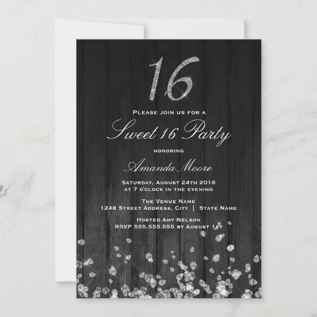 Invitación Sparkle Diamond negra plateada Sweet 16 (Anverso)