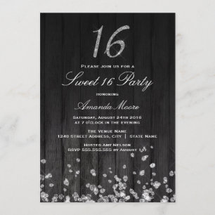 Invitación Sparkle Diamond negra plateada Sweet 16