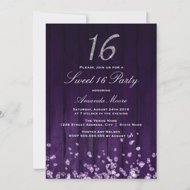 Invitación Sparkle Diamond Purple Silver Sweet 16 (Anverso)