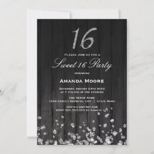 Invitación Sparkle Diamond Silver Black Sweet 16