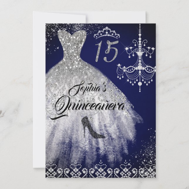 Invitación Sparkle Diamond Vestido Naval Quinceanera (Anverso)