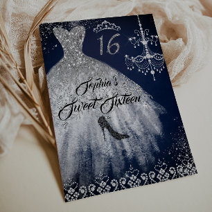 Invitación Sparkle Diamond Vestido Navy Plata Dulce 16