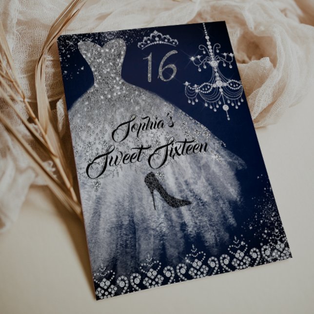 Invitación Sparkle Diamond Vestido Navy Plata Dulce 16 (Subido por el creador)