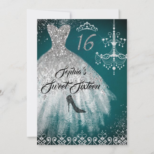Invitación Sparkle Diamond Vestido Verde azulado Plata Dulce  (Anverso)