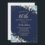 Invitación Sparkle Floral Blue fiesta de cumpleaños número 60<br><div class="desc">Más invitaciones florales de cumpleaños en la Pequeña Tienda Bayleigh!</div>