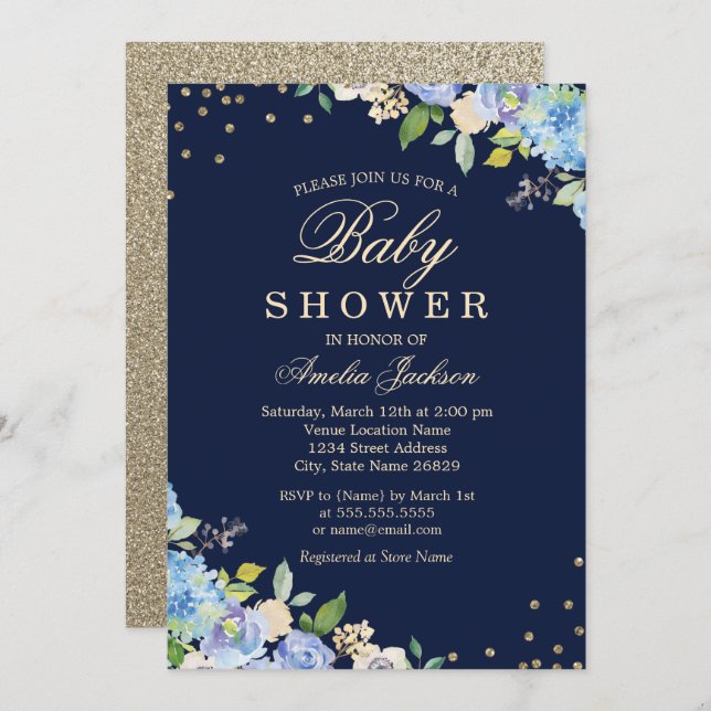 Invitación Sparkle Floral Blue Gold Boy Baby Shower (Anverso / Reverso)