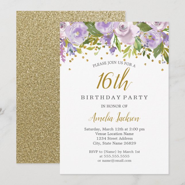 Invitación Sparkle Floral Purple 16th Birthday Invite (Anverso / Reverso)