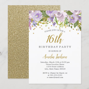 Invitación Sparkle Floral Purple 16th Birthday Invite