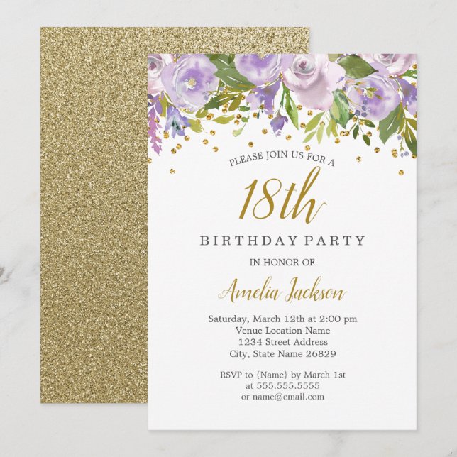 Invitación Sparkle Floral Purple 18th Birthday Invite (Anverso / Reverso)