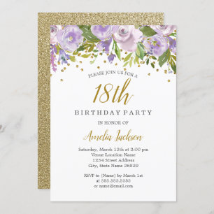 Invitación Sparkle Floral Purple 18th Birthday Invite