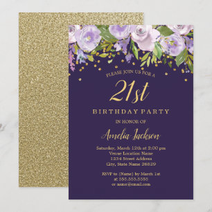 Invitación Sparkle Floral Purple Gold Invite a cumplir 21 año