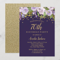 Sparkle Floral Purple Gold Invite a cumplir 70 año
