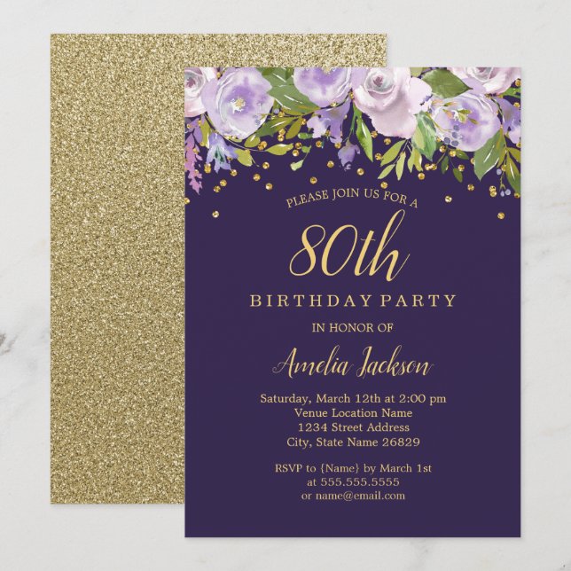 Invitación Sparkle Floral Purple Gold Invite a cumplir 80 año (Anverso / Reverso)