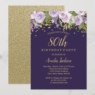 Invitación Sparkle Floral Purple Gold Invite a cumplir 80 año