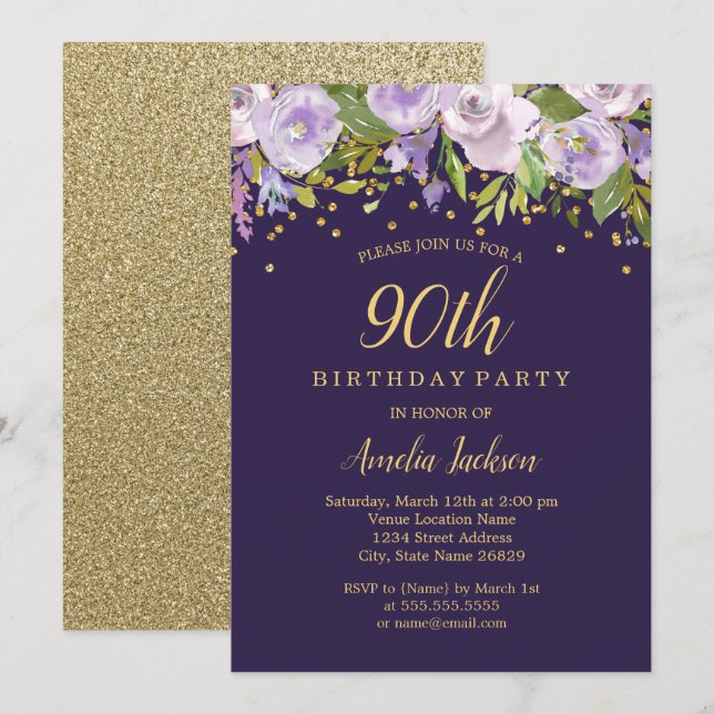 Invitación Sparkle Floral Purple Gold Invite a cumplir 90 año (Anverso / Reverso)