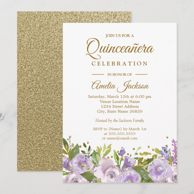 Invitación Sparkle Floral Purple Gold Quinceanera (Anverso / Reverso)