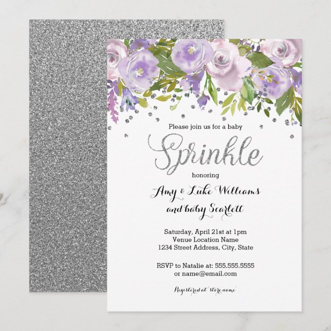 Invitación Sparkle Floral Purple Sprinkle Baby Shower (Anverso / Reverso)