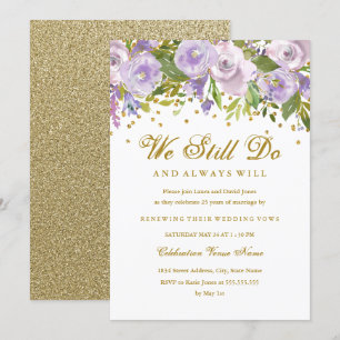 Invitación Sparkle Floral Púrpura Renovación de Votos Anivers