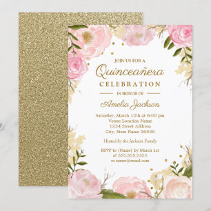 Invitación Sparkle Floral Rosa Dorado Quinceañera