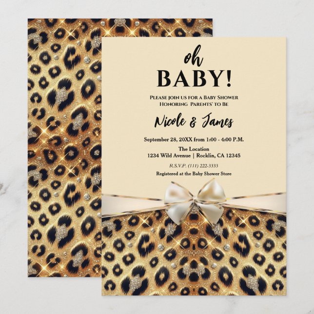 Invitación Sparkle Glam Leopard Print Baby Shower (Anverso / Reverso)