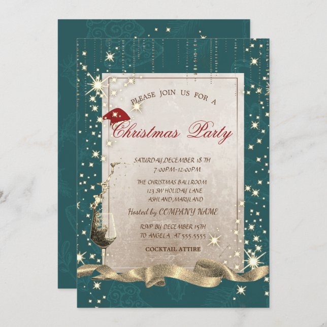 Invitación Sparkle, Glass, Green Corporate Navidades Fiesta (Anverso / Reverso)