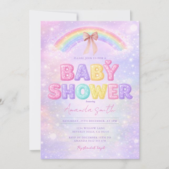 Invitación Sparkle Glitter rainbow baby shower with Bow (Anverso)