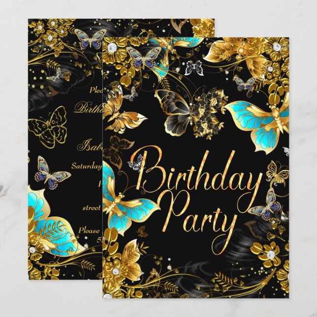 Invitación Sparkle Gold Black Butterfly Birterday Party 2 (Anverso / Reverso)