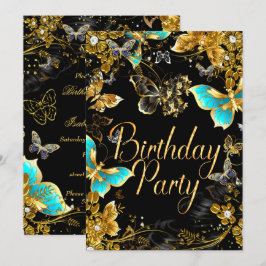 Invitación Sparkle Gold Black Butterfly Birterday Party 2
