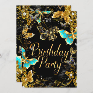 Invitación Sparkle Gold Black Butterfly Birterday Party 2