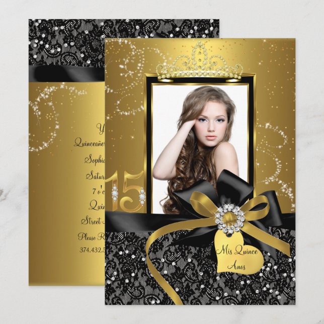 Invitación Sparkle Gold Lace & Bow Photo Quinceanera (Anverso / Reverso)