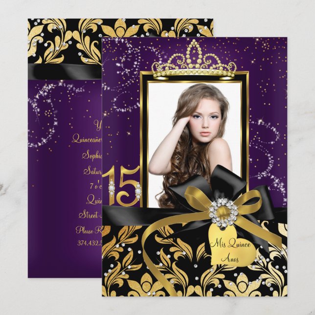 Invitación Sparkle Gold Purple Damask & Bow Photo Quinceanera (Anverso / Reverso)
