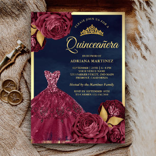 Invitación Sparkle Gown Borgoña Marina Floral Oro Quinceanera
